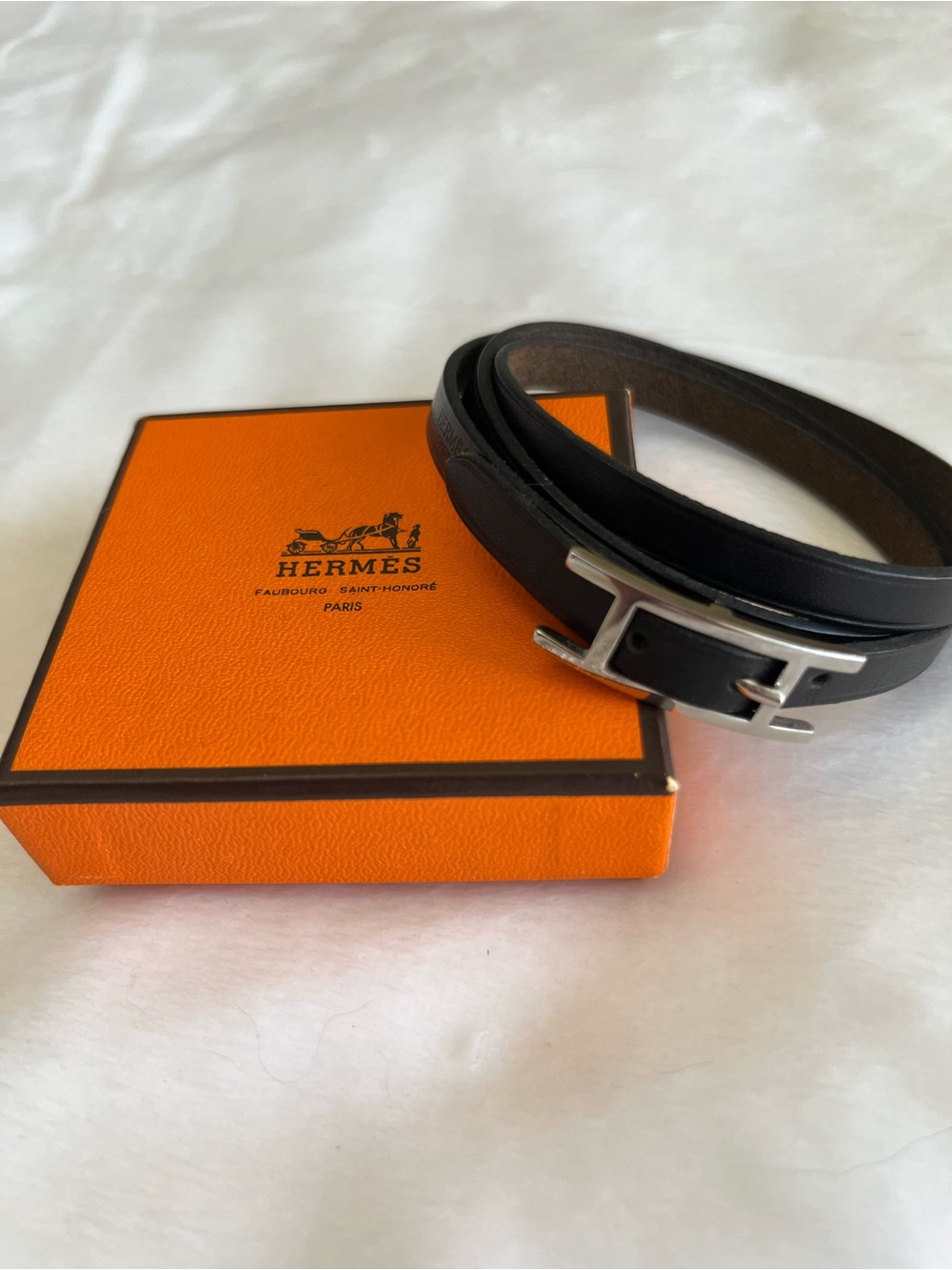 Hermes H Api Triple Wrap black leather bracelet